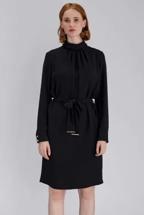 12983 Black Turtleneck Tie Waist Shift Dress