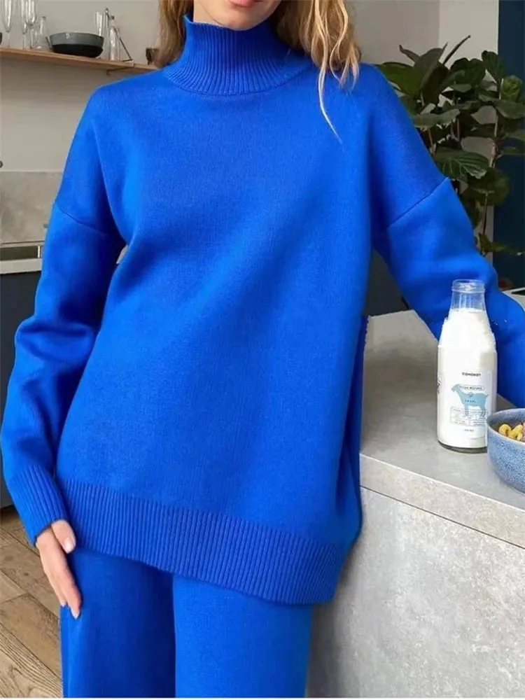 2 Pieces Blue Women Sets Knitted Tracksuit Turtleneck Sweater and Straight Jogging Pants Suits