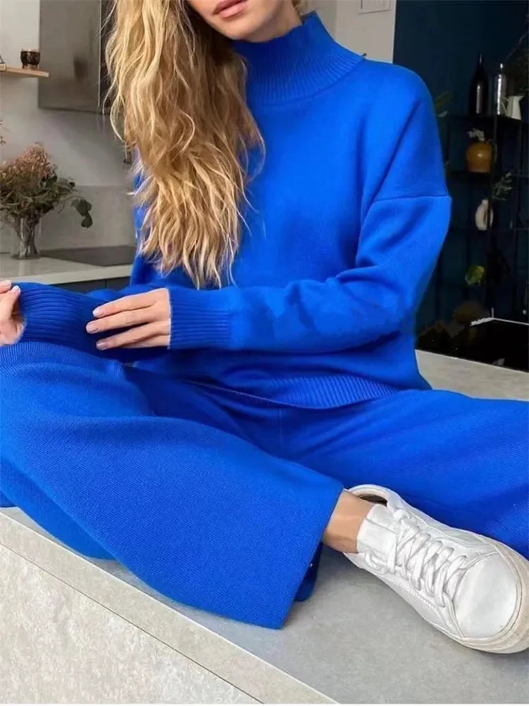 2 Pieces Blue Women Sets Knitted Tracksuit Turtleneck Sweater and Straight Jogging Pants Suits