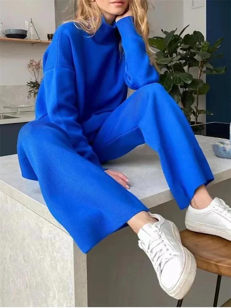 2 Pieces Blue Women Sets Knitted Tracksuit Turtleneck Sweater and Straight Jogging Pants Suits