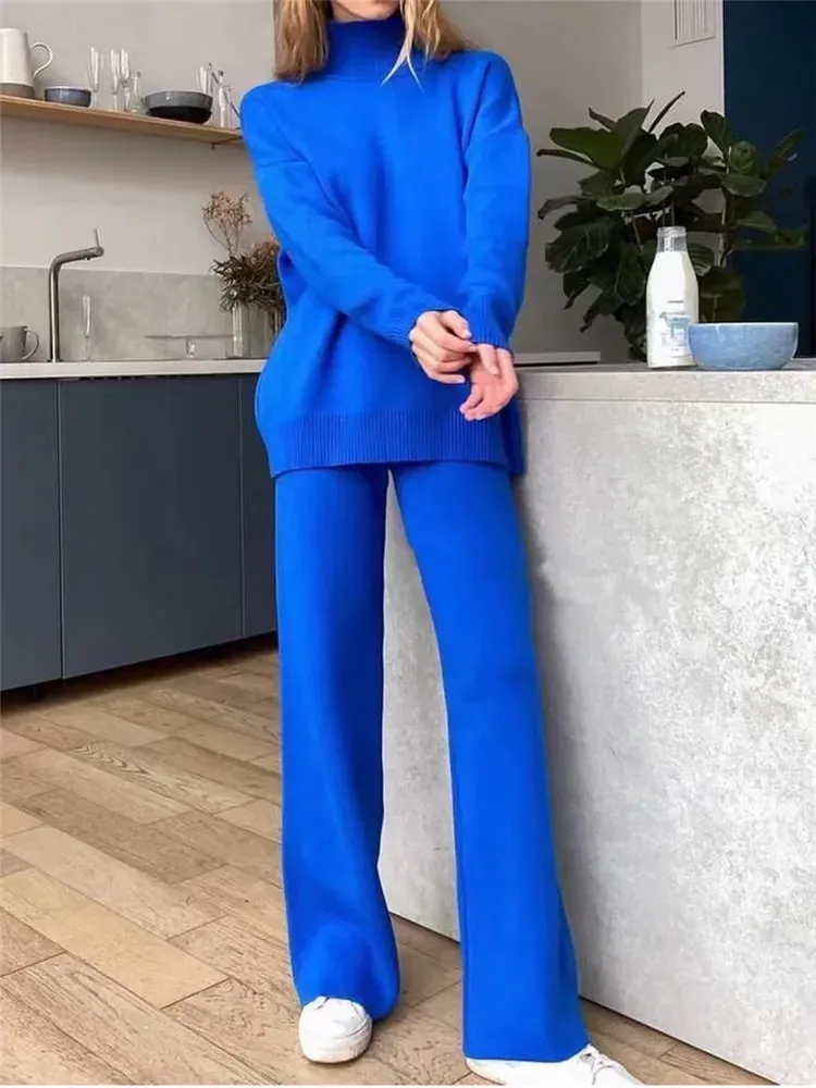 2 Pieces Blue Women Sets Knitted Tracksuit Turtleneck Sweater and Straight Jogging Pants Suits