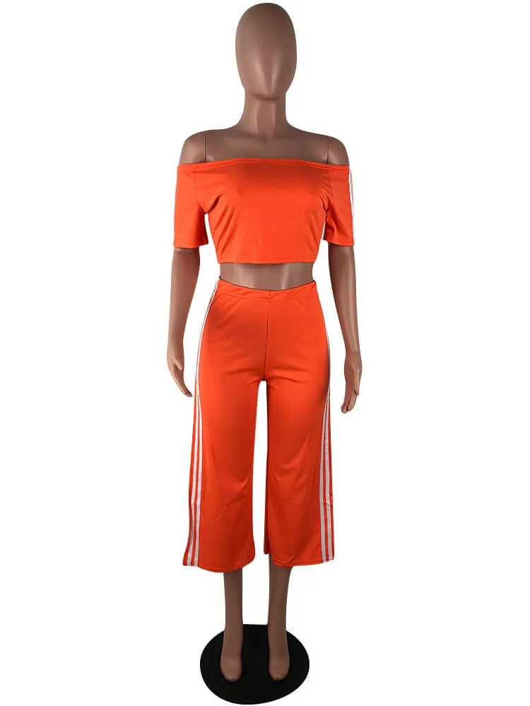 2 Pieces Crop Top Stripe Splicing Slit Pants Suits