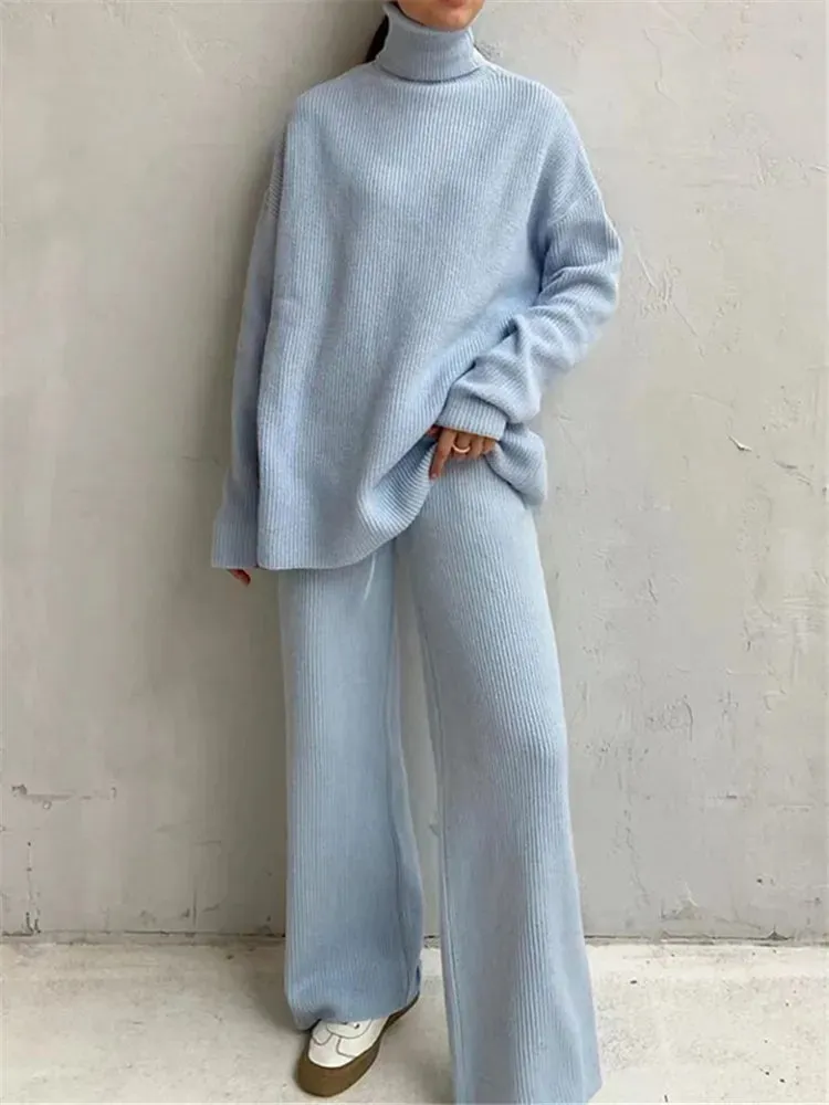 2 Pieces Women Sets Knitted Tracksuit Turtleneck Sweater and Wide Leg Jogging Pants Pullover Suit