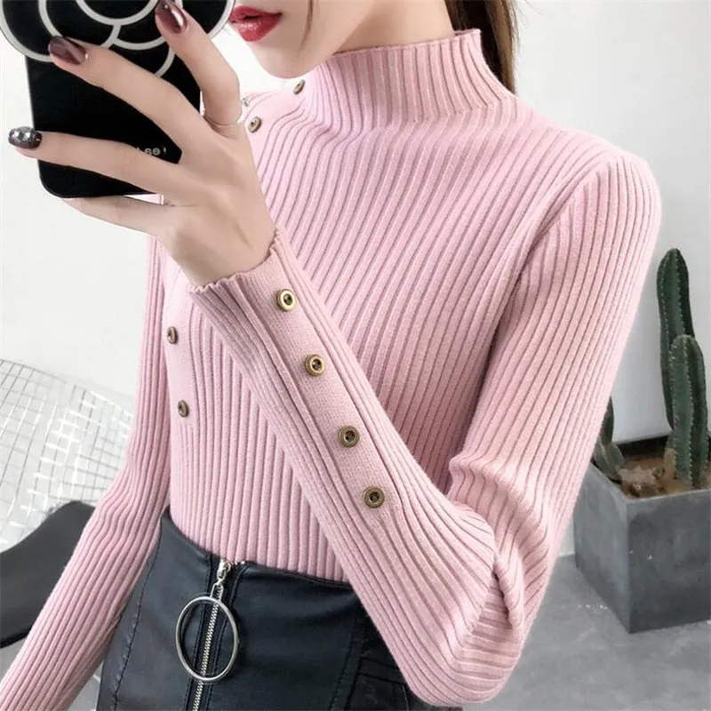 2019 Women Autumn Knitted Sweater Solid Knitted Female Cotton Soft Elastic Color Pullovers Button Full Sleeve Turtleneck