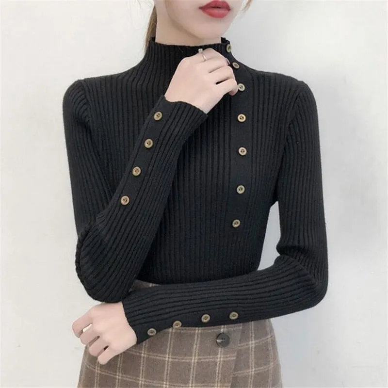 2019 Women Autumn Knitted Sweater Solid Knitted Female Cotton Soft Elastic Color Pullovers Button Full Sleeve Turtleneck