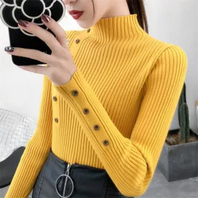 2019 Women Autumn Knitted Sweater Solid Knitted Female Cotton Soft Elastic Color Pullovers Button Full Sleeve Turtleneck