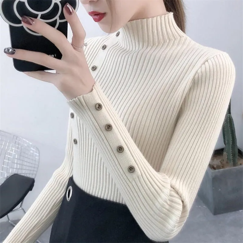 2019 Women Autumn Knitted Sweater Solid Knitted Female Cotton Soft Elastic Color Pullovers Button Full Sleeve Turtleneck