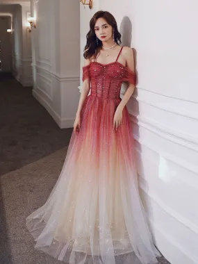 A line Sweetheart Neck Tulle Long Prom Dress Burgundy Off Shoulder Evening Dress