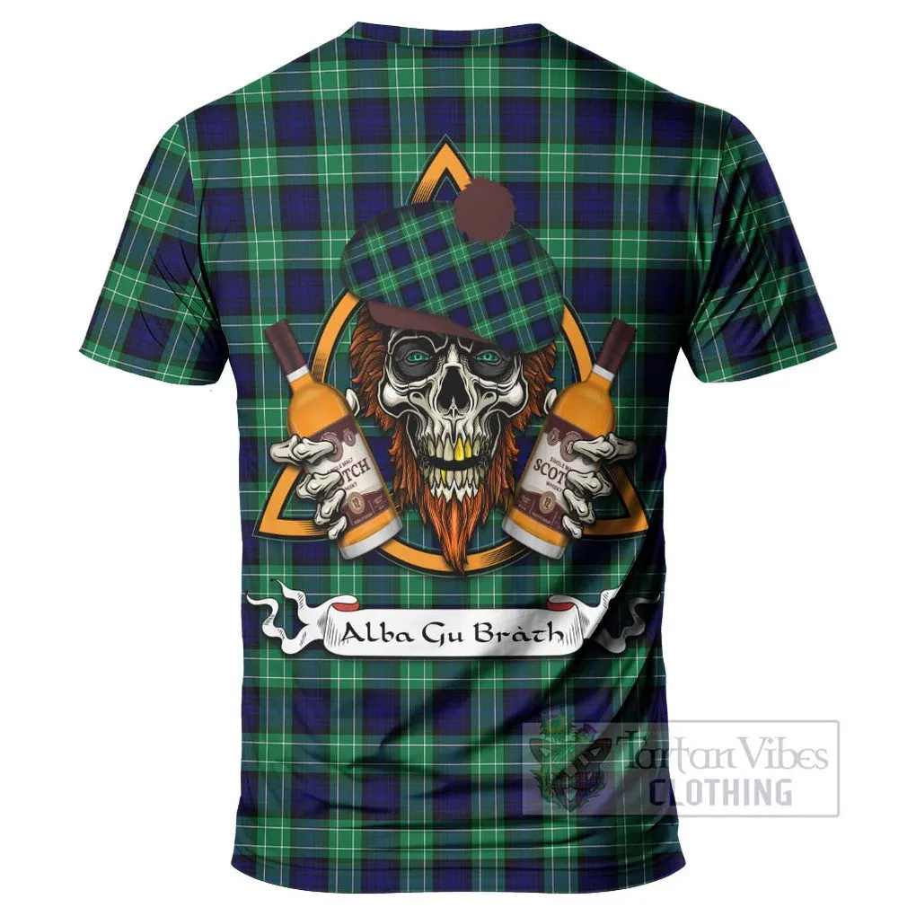 Abercrombie Tartan T-Shirt with Family Crest and Bearded Skull Holding Bottles of Whiskey