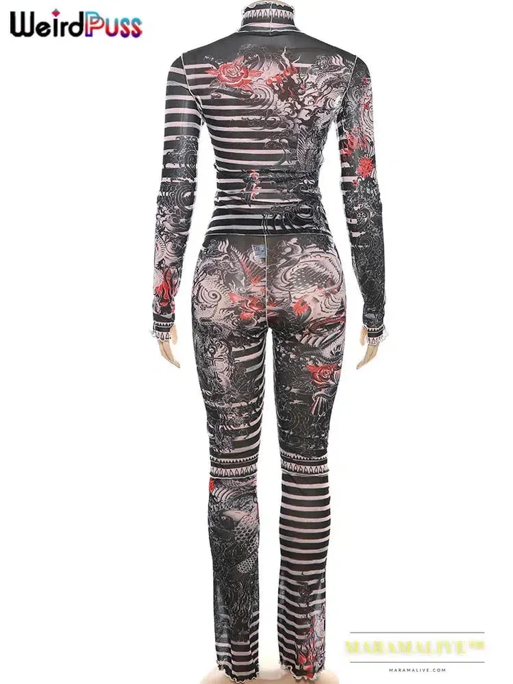 Aesthetic Print Sexy Women 2 Piece Set See Through Midnight Spring Turtleneck Crop Tops Pants Stretch Skinny Clubwear