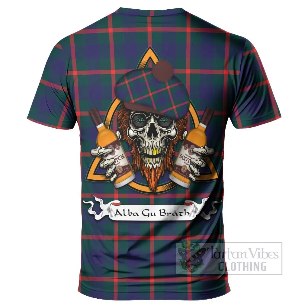 Agnew Tartan T-Shirt with Family Crest and Bearded Skull Holding Bottles of Whiskey