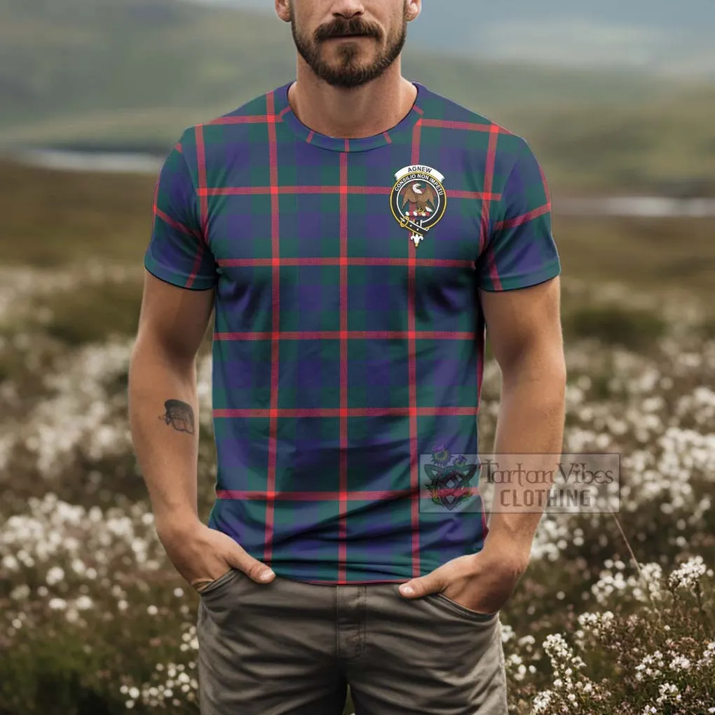 Agnew Tartan T-Shirt with Family Crest and Bearded Skull Holding Bottles of Whiskey