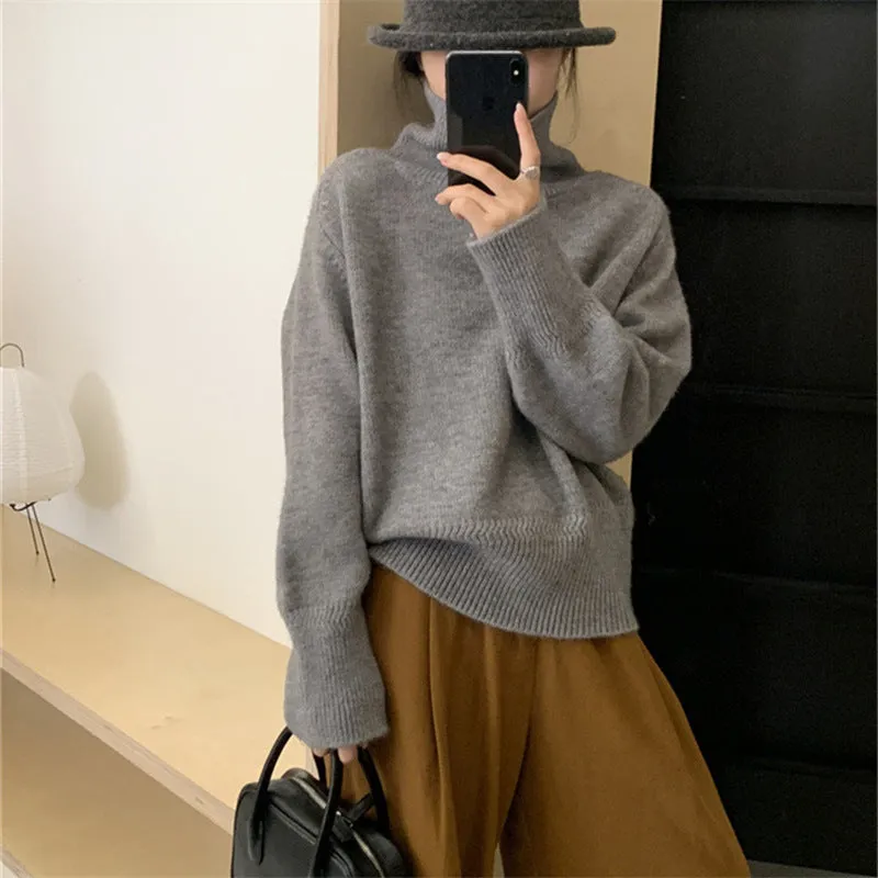 Aiertu 2000s fashion Autumn and Winter Korean Style Turtleneck Sweater Women's New Loose All-Match Pullover Solid Color Sweater Inner Lazy Top Women