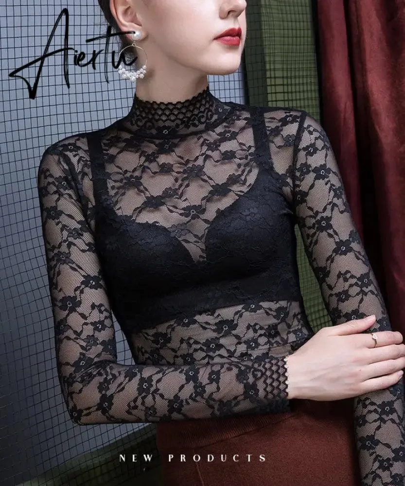 Aiertu Fashion Women Lace Blouse Shirt Women Sexy See-through Long Sleeve Mesh Blouses Blusas Spring Summer Elastic Skinny Tops