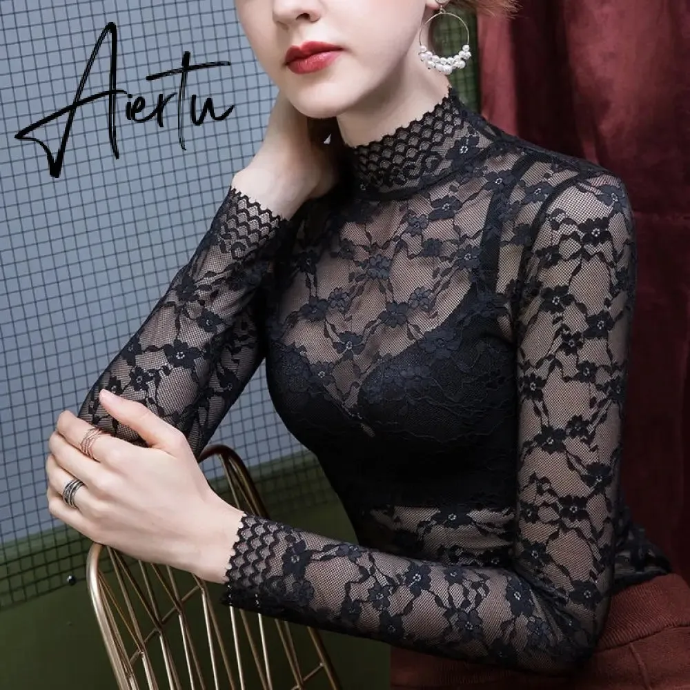 Aiertu Fashion Women Lace Blouse Shirt Women Sexy See-through Long Sleeve Mesh Blouses Blusas Spring Summer Elastic Skinny Tops