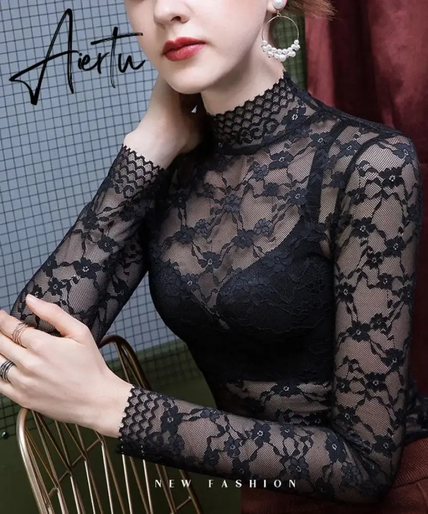 Aiertu Fashion Women Lace Blouse Shirt Women Sexy See-through Long Sleeve Mesh Blouses Blusas Spring Summer Elastic Skinny Tops