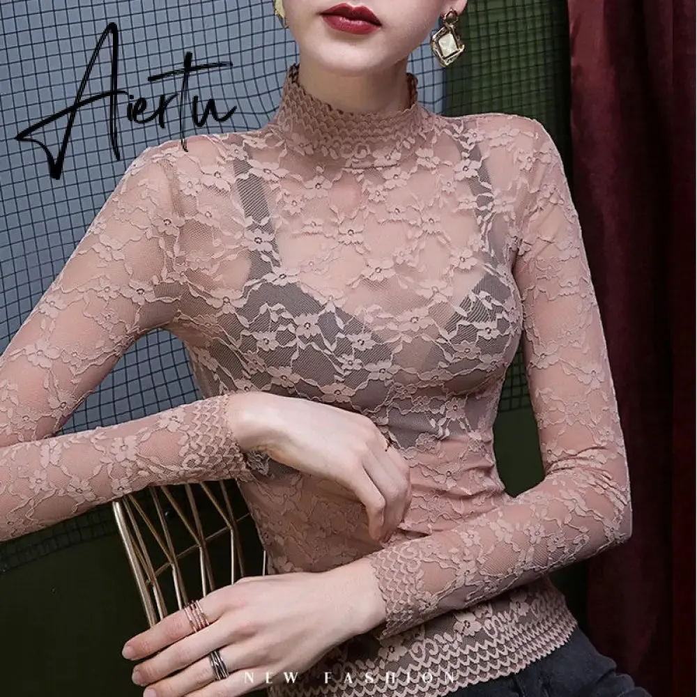 Aiertu Fashion Women Lace Blouse Shirt Women Sexy See-through Long Sleeve Mesh Blouses Blusas Spring Summer Elastic Skinny Tops