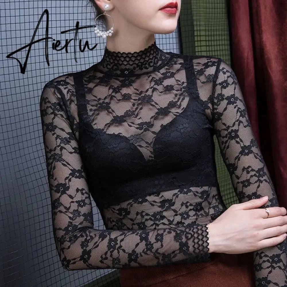 Aiertu Fashion Women Lace Blouse Shirt Women Sexy See-through Long Sleeve Mesh Blouses Blusas Spring Summer Elastic Skinny Tops