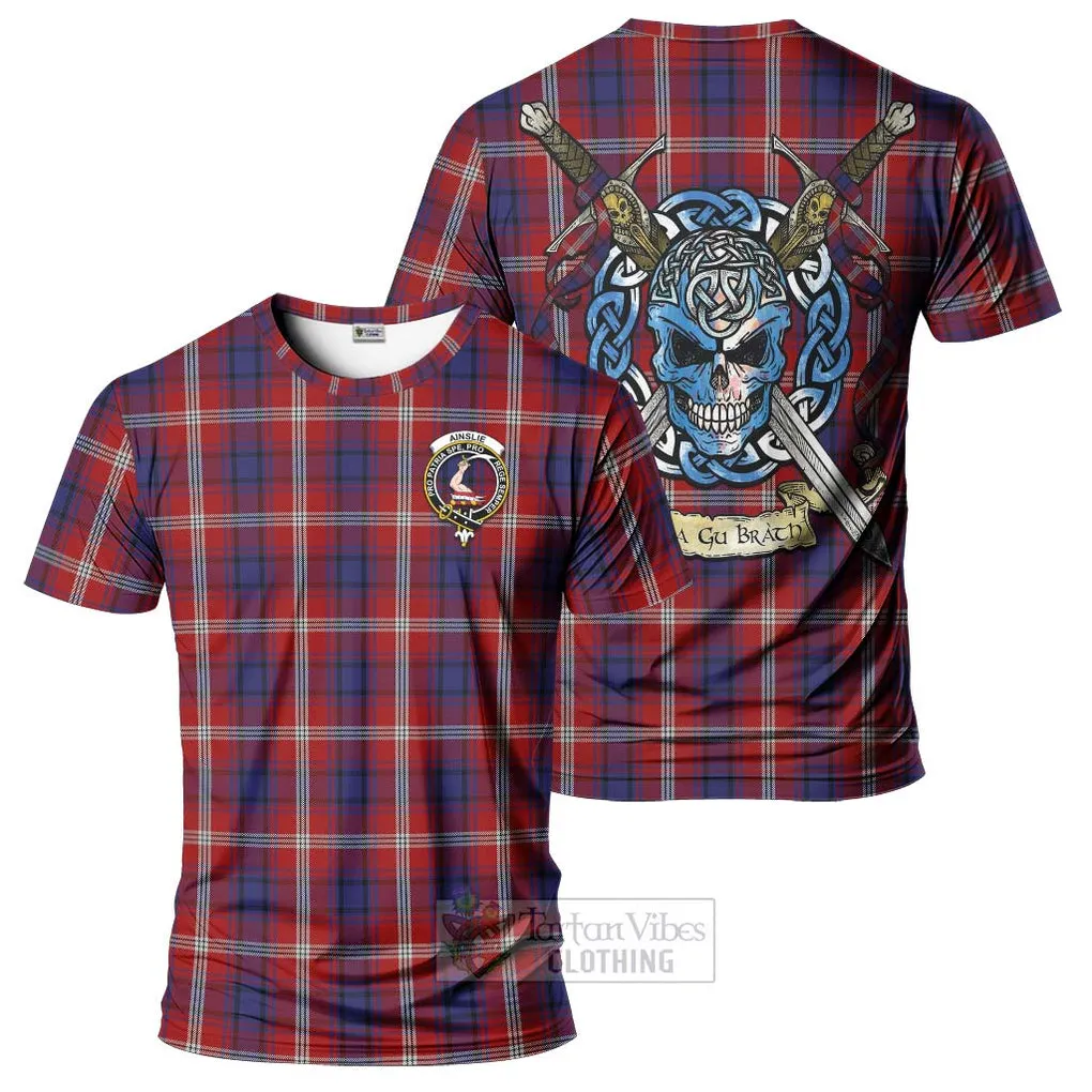 Ainslie Tartan T-Shirt with Family Crest Celtic Skull Style