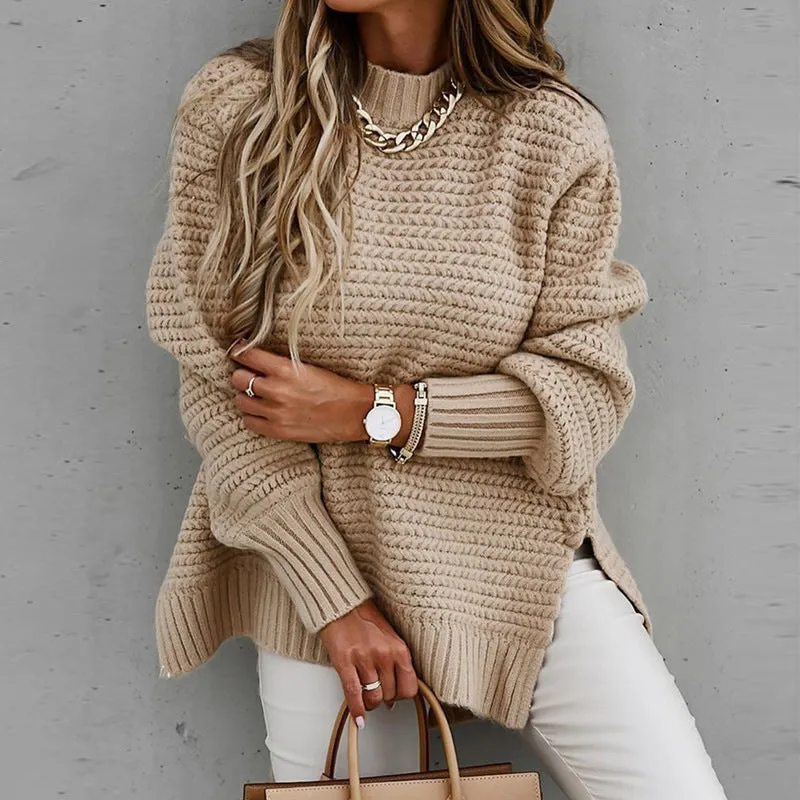 Amozae 1980s fashion trends Autumn and Winter Half Turtleneck Loose Solid Color Long Sleeve Thick Needle Side Slit Knitted Sweater for Women