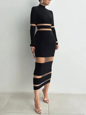 Amozae-A Patchwork Bodycon Sexy Midi Dress For Women 2023 Autumn Winter New Turtleneck Long Sleeve Club Party Sexy Dress Elegant