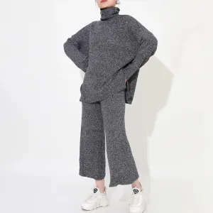 Amozae discover style ideas Turtleneck Pullover Slit Profile Top   Versatile Straight Wide Leg Cropped Pants Knitted Suit Autumn and Winter New