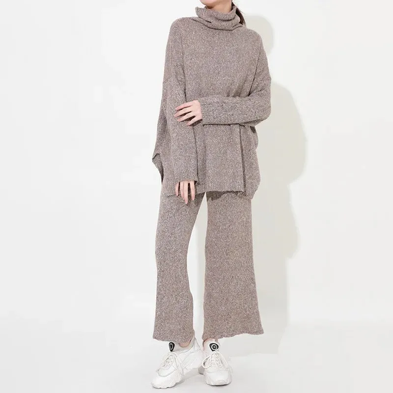 Amozae discover style ideas Turtleneck Pullover Slit Profile Top   Versatile Straight Wide Leg Cropped Pants Knitted Suit Autumn and Winter New