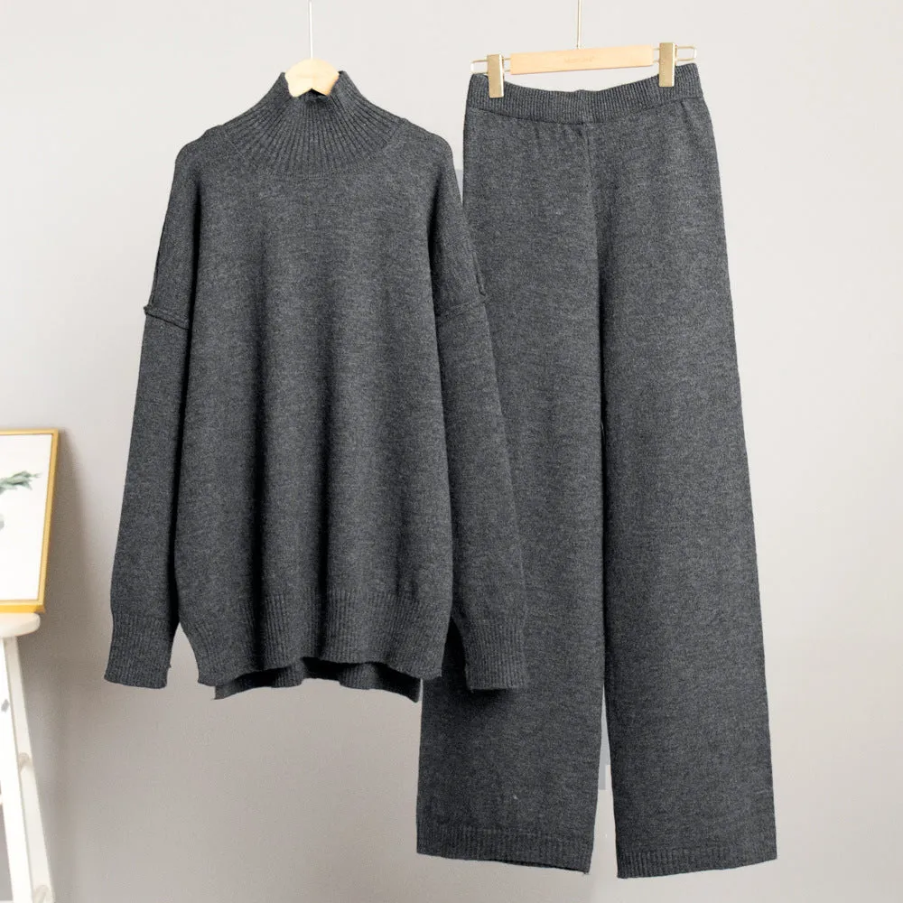 Amozae discover style ideas Turtleneck Sweater Suit Women's Autumn and Winter New Loose Casual Lazy Thick Knitted Trousers Suit