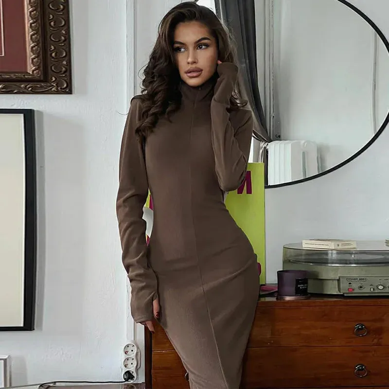 Amozae Elegant Turtleneck Long Sleeve Bodycon Long Dress For Women Autumn Winter New Ribbed Zipper Long Dress Fashion Clothes