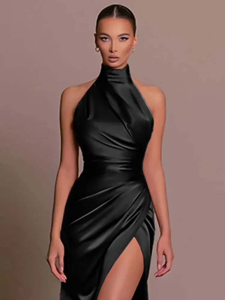 Amozae Halter Sleevelessthigh High Split Maxi Dress For Women Fashion Backless Bodycon Sexy Club Party Evening Long Dress