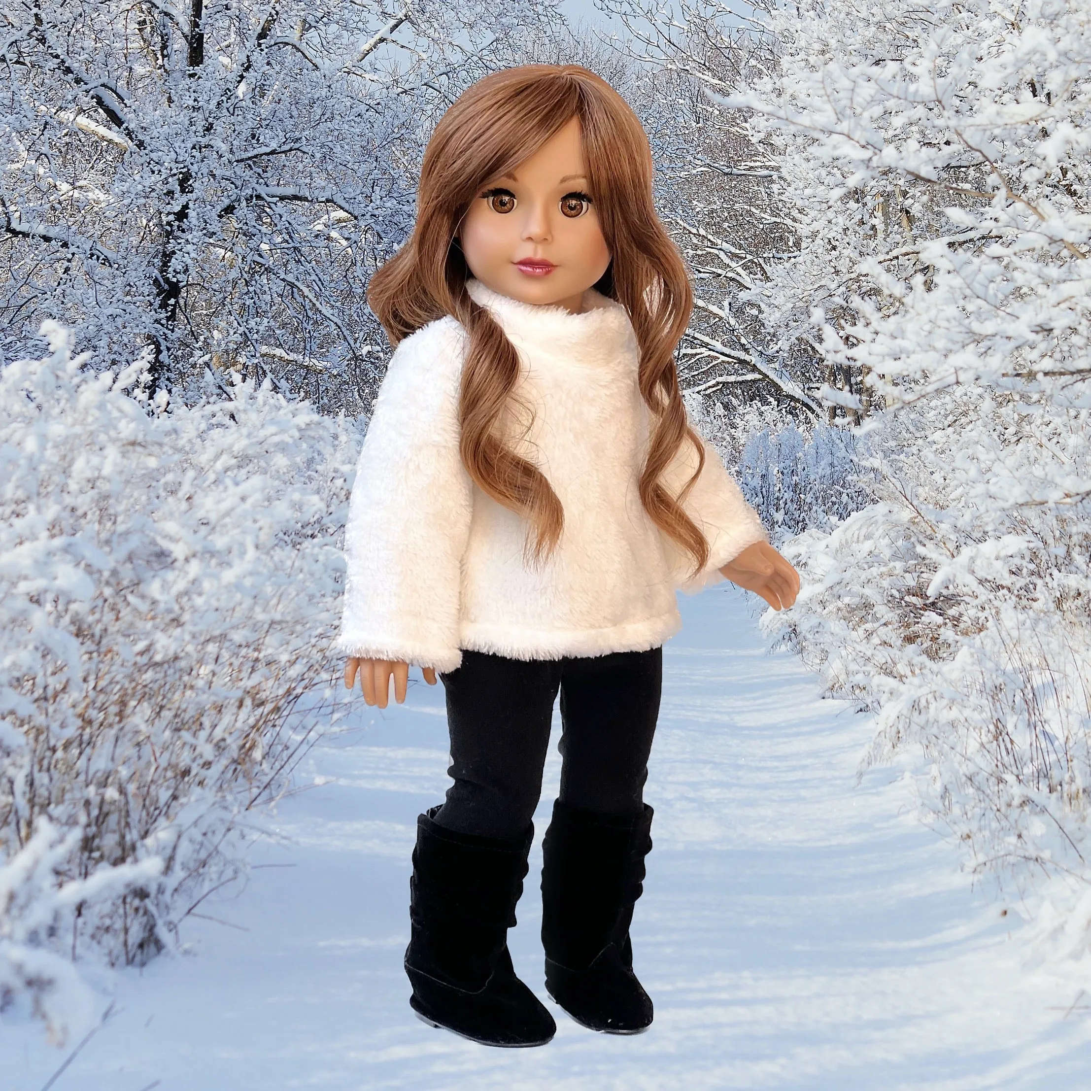 Arctic Glam - 3 Piece Outfit for 18 Inch Doll - White Sweater, Black Leggings and Black Boots - 18 inch Doll Clothes ( Doll Not Included)