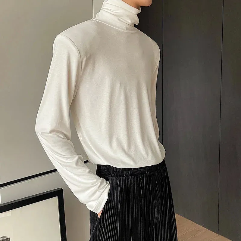 Autumn Men's T-shirt Turtleneck Solid Collar Shoulder Pad Long Sleeve Slim Fit Tops Solid Color Pullover Top 9A2222