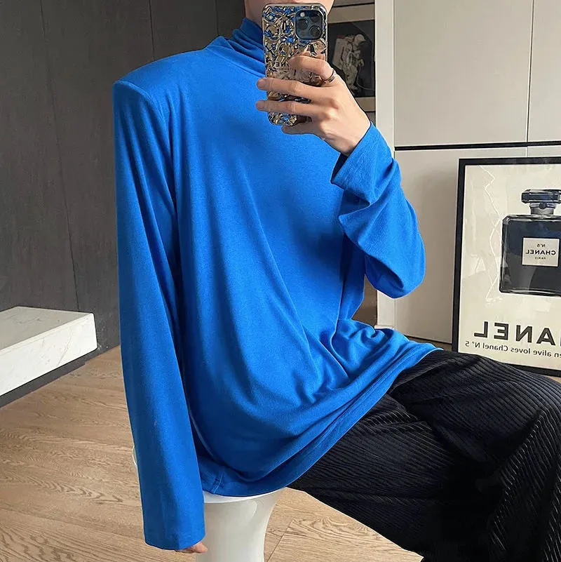 Autumn Men's T-shirt Turtleneck Solid Collar Shoulder Pad Long Sleeve Slim Fit Tops Solid Color Pullover Top 9A2222