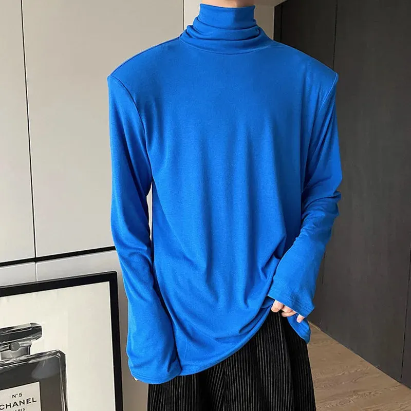 Autumn Men's T-shirt Turtleneck Solid Collar Shoulder Pad Long Sleeve Slim Fit Tops Solid Color Pullover Top 9A2222