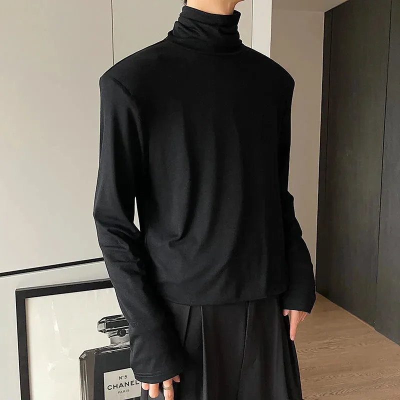 Autumn Men's T-shirt Turtleneck Solid Collar Shoulder Pad Long Sleeve Slim Fit Tops Solid Color Pullover Top 9A2222