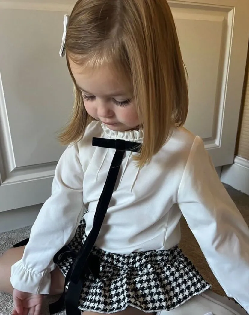 Baby Girl White Blouse with Black Velvet Bow