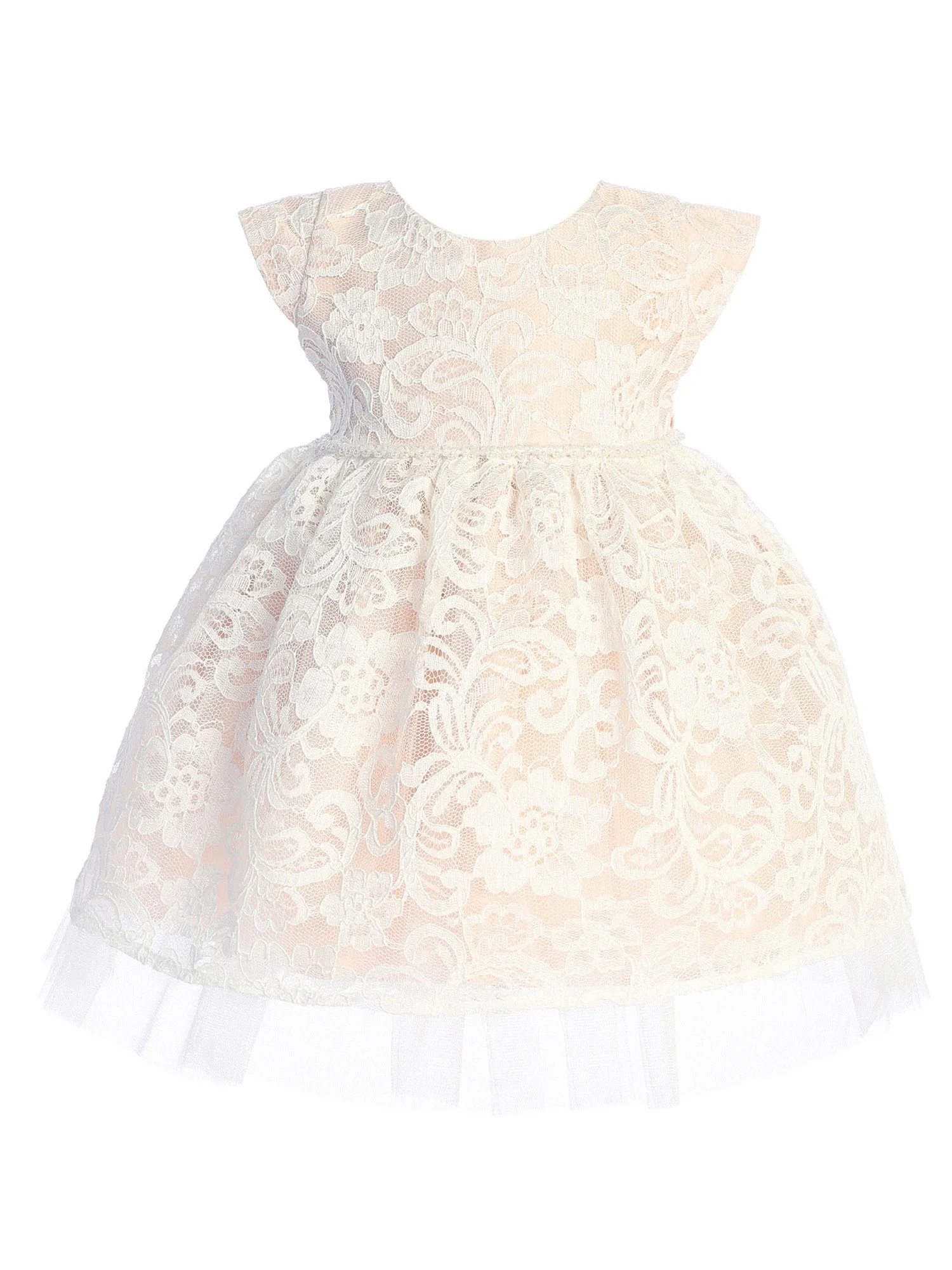 Baby Girls Blush Pearl Trim Floral Lace Tulle Flower Girl Dress 6-24 Months