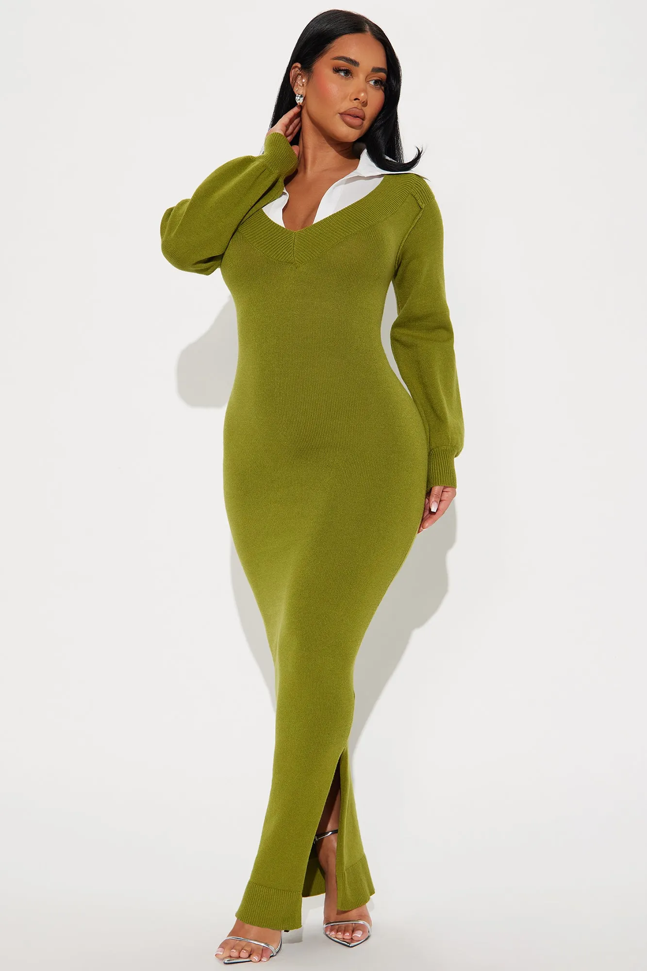 Bailey Collared Sweater Maxi Dress - Chartreuse