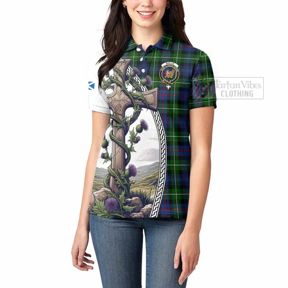 Baillie (Bailey) Tartan Women's Polo Shirt with Family Crest and St. Andrew's Cross Accented by Thistle Vines