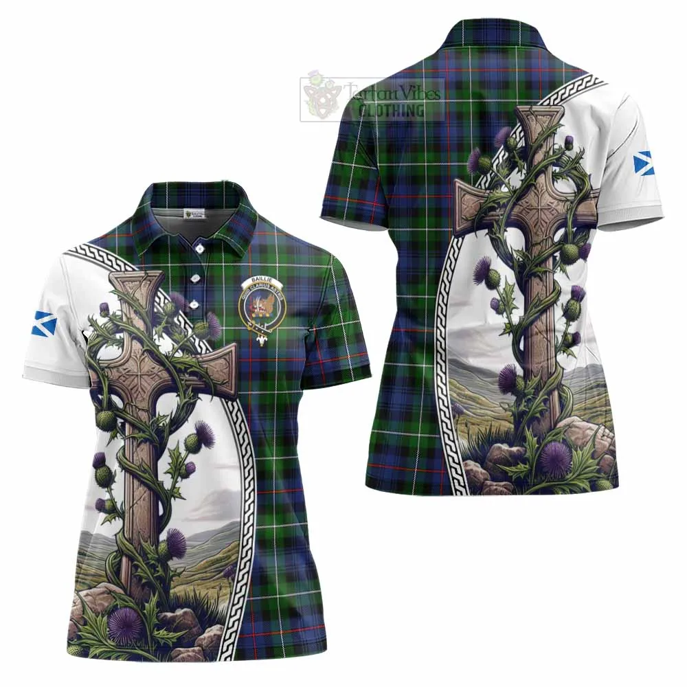 Baillie (Bailey) Tartan Women's Polo Shirt with Family Crest and St. Andrew's Cross Accented by Thistle Vines