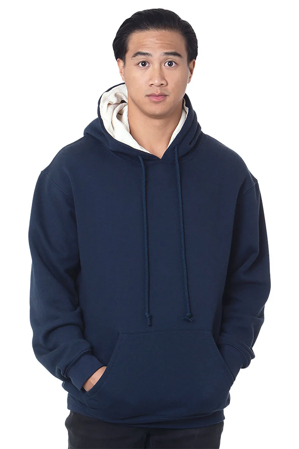 Bayside Mens Thermal Lined Hooded Sweatshirt Hoodie w/ Pouch Pocket - Navy Blue