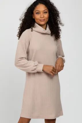 Beige Brushed Rib Turtleneck Dress