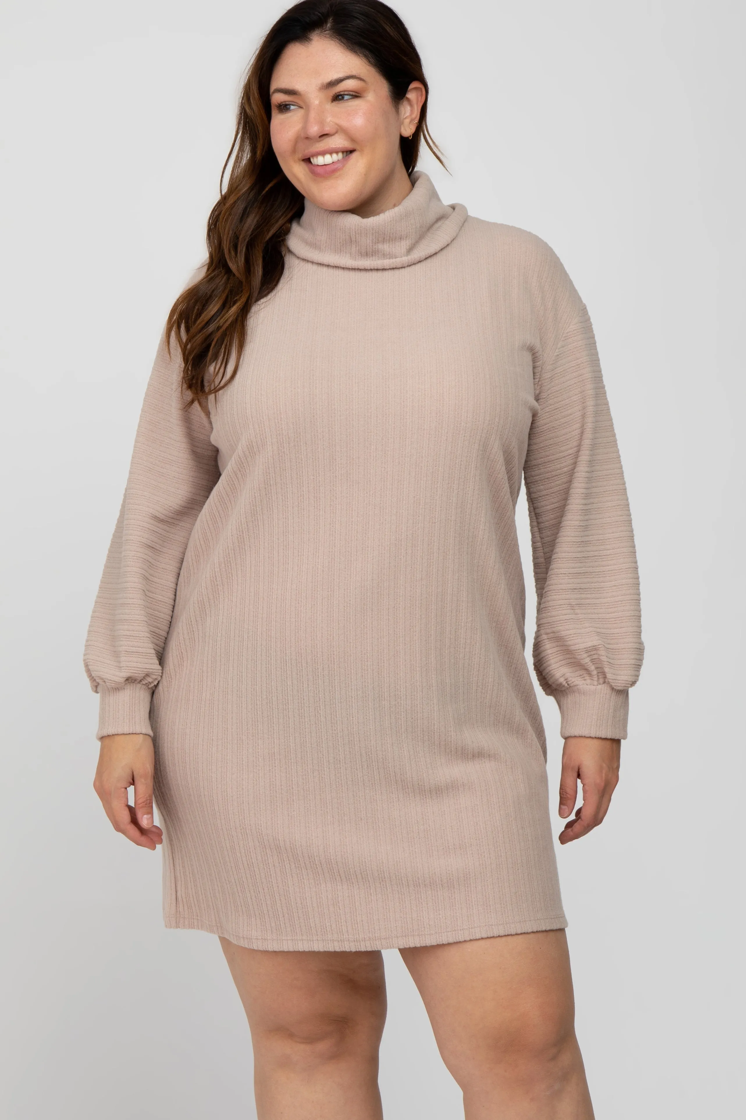 Beige Brushed Rib Turtleneck Plus Dress