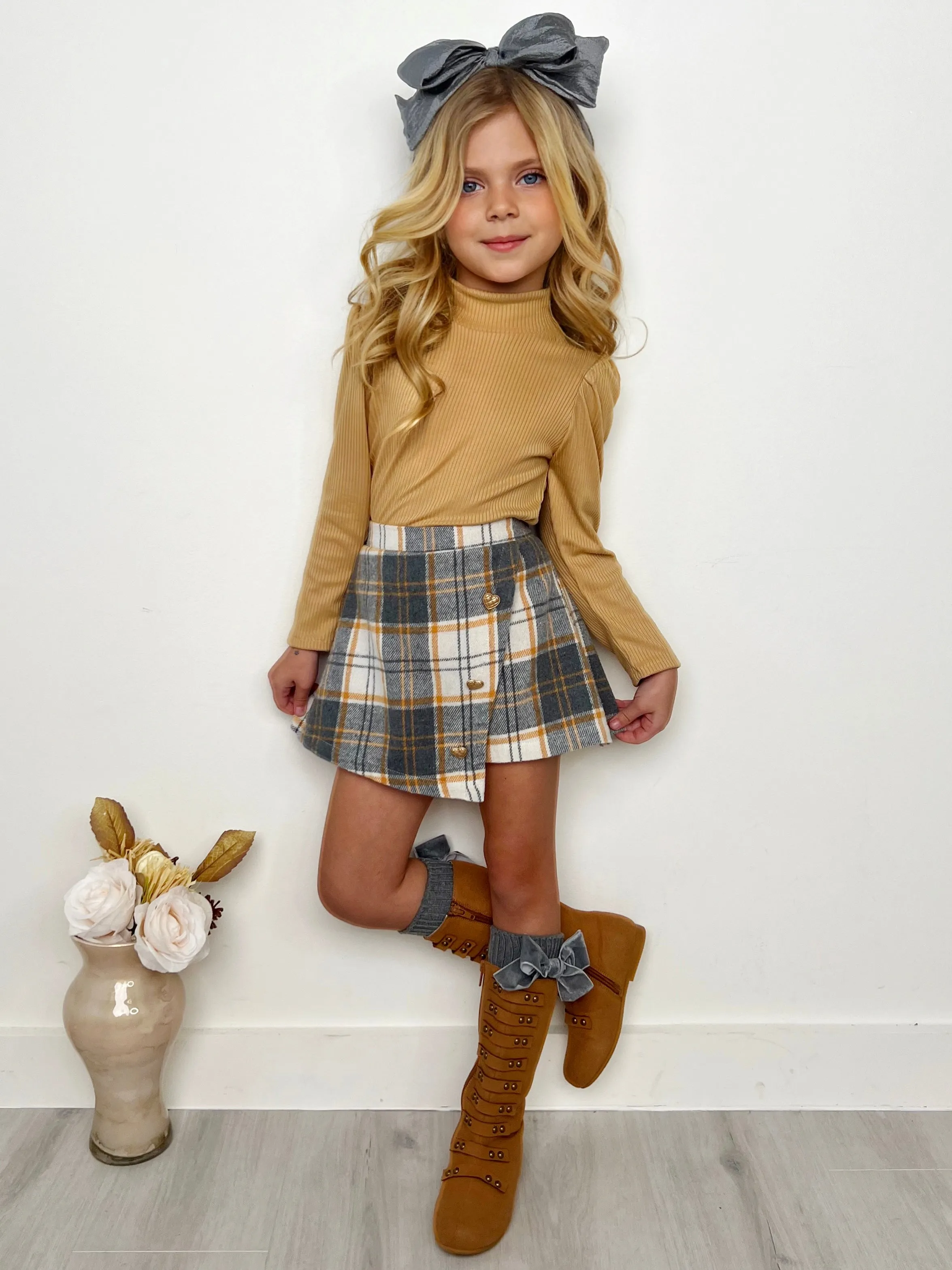 Beige Turtleneck Top and Plaid Skort Set