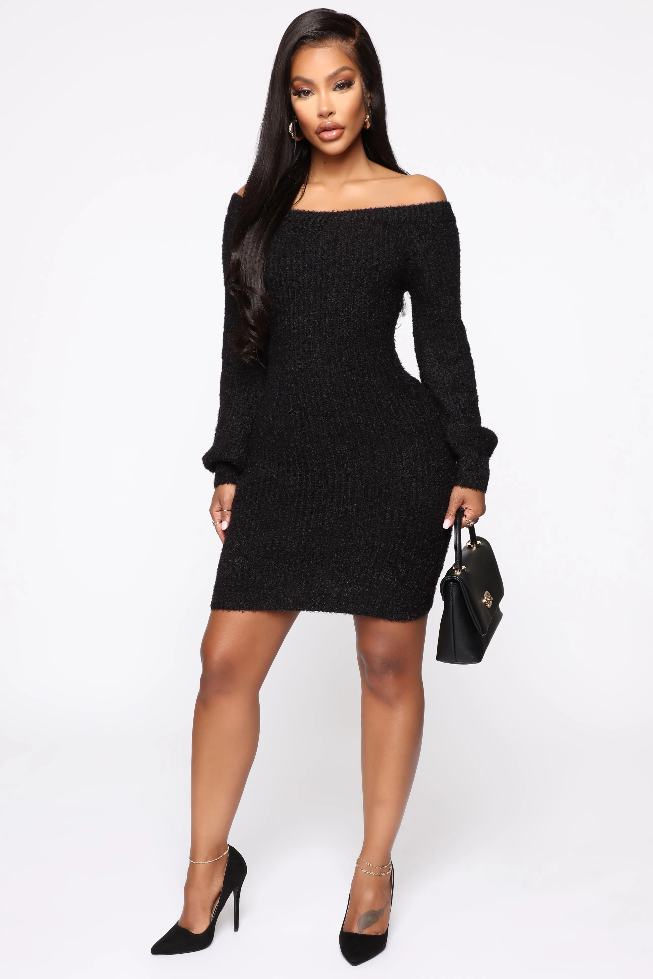 Bella Off Shoulder Sweater Dress - Black