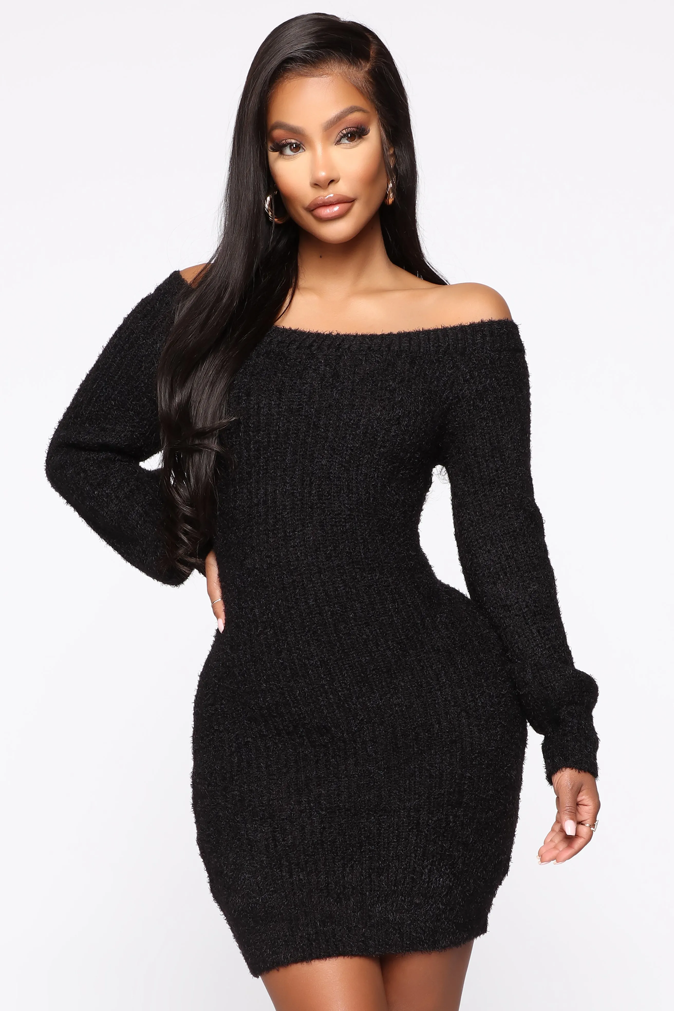 Bella Off Shoulder Sweater Dress - Black