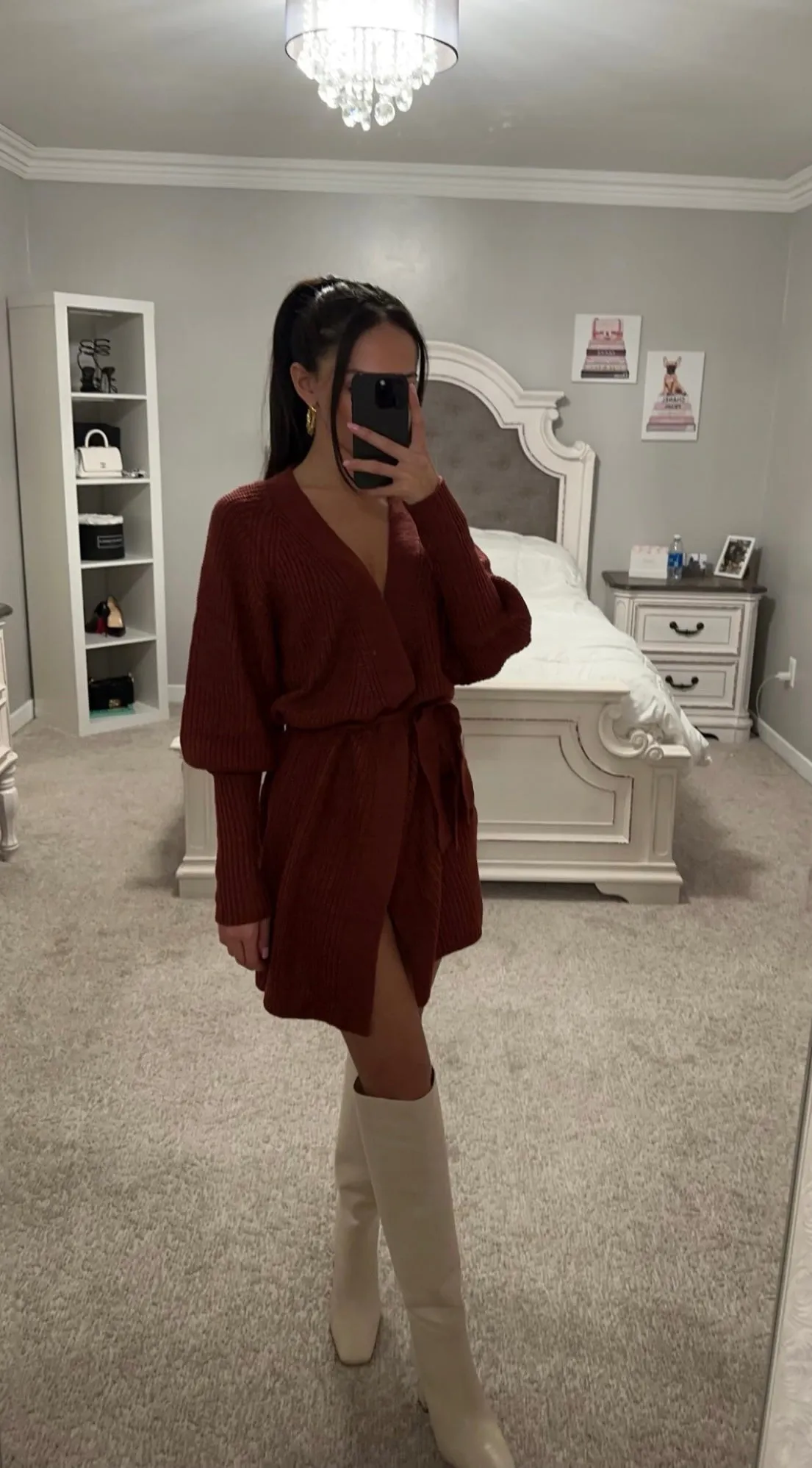 BELTED LANTERN SLEEVE WRAP CASUAL SWEATER MINI DRESS