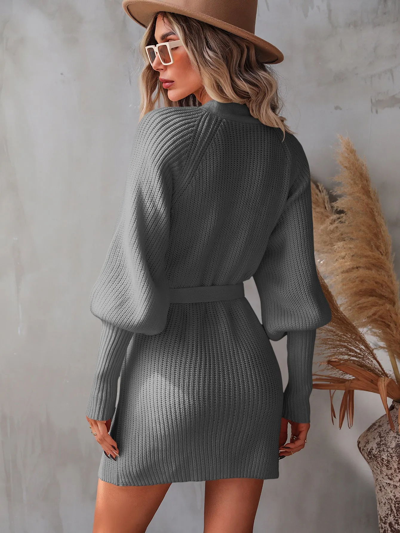 BELTED LANTERN SLEEVE WRAP CASUAL SWEATER MINI DRESS