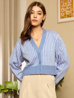 Berrylush Women Blue Checked V-Neck Full Sleeve Front Open Crop Cardigan