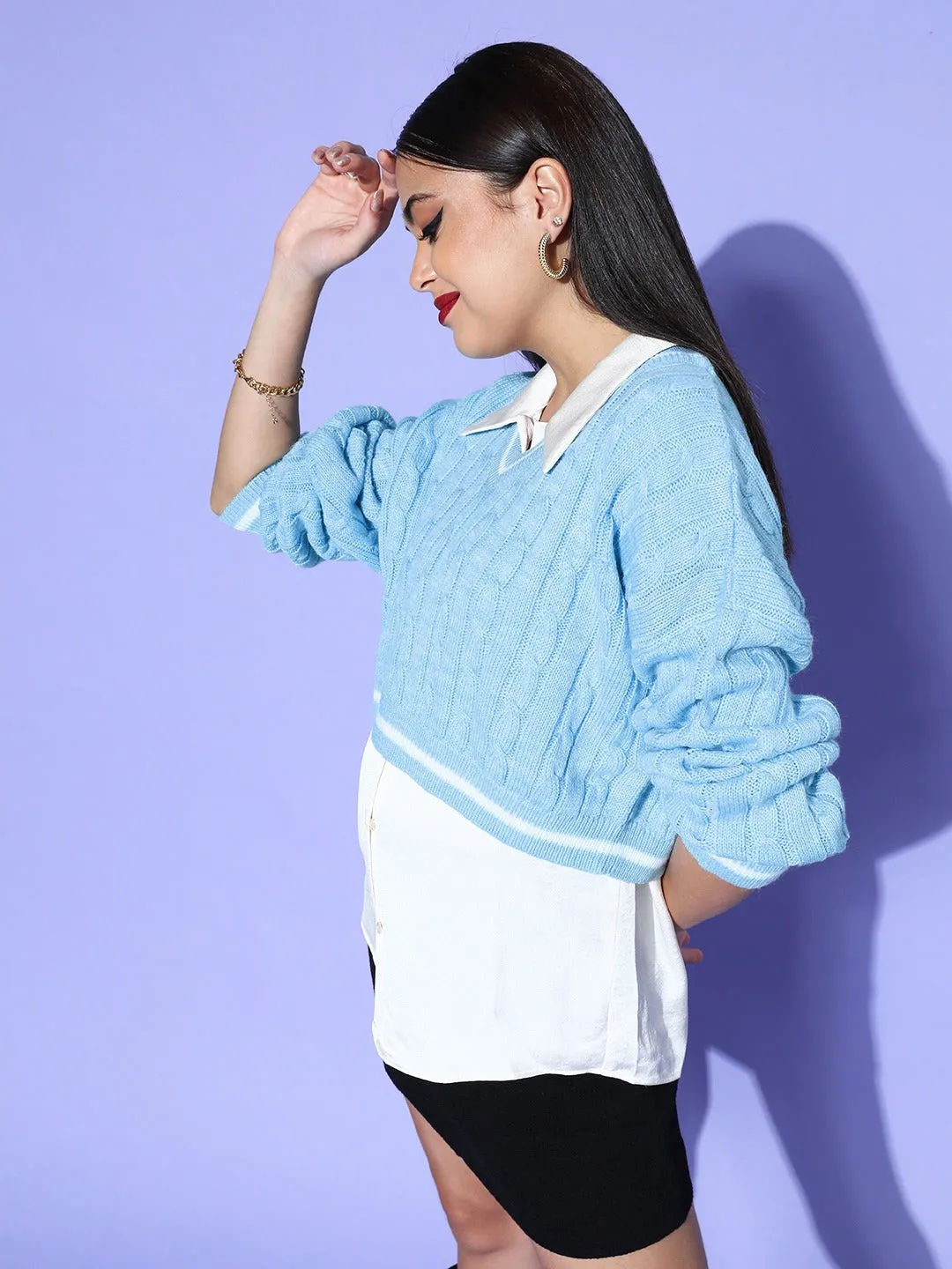 Berrylush Women Turquoise Blue Cable Knitted Pattern V-Neck Acrylic Straight Hem Cropped Pullover